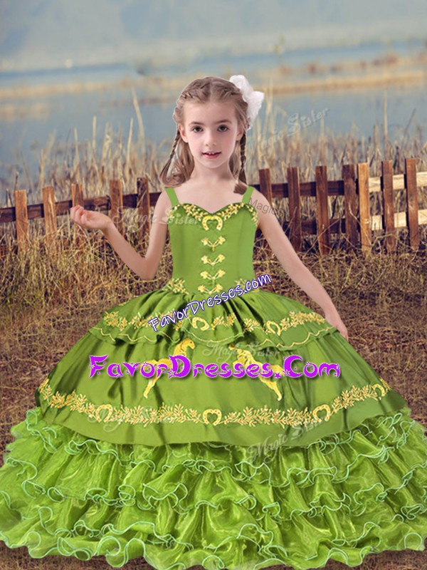  Olive Green Ball Gowns Beading and Embroidery and Ruffled Layers Pageant Dress Wholesale Lace Up Organza Sleeveless Floor Length