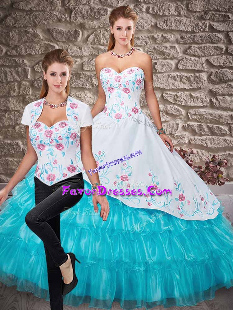  Sleeveless Lace Up Floor Length Embroidery and Ruffled Layers Quinceanera Gown