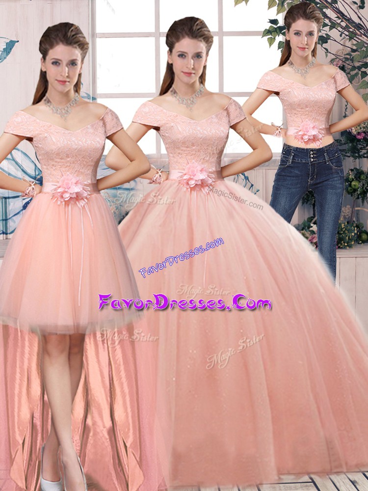 Fantastic Pink Tulle Lace Up Off The Shoulder Short Sleeves Floor Length 15 Quinceanera Dress Lace and Hand Made Flower