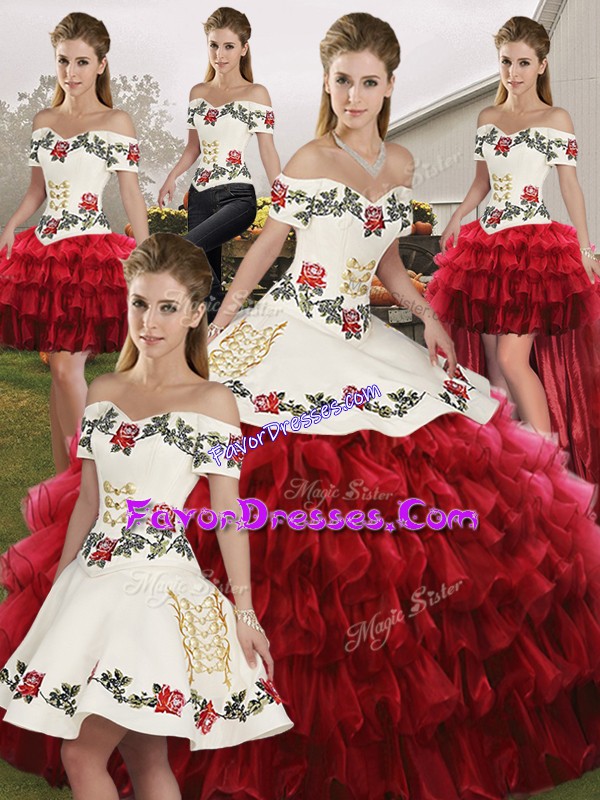 Sweet Wine Red Ball Gowns Organza Off The Shoulder Sleeveless Embroidery and Ruffled Layers Floor Length Lace Up Sweet 16 Dresses