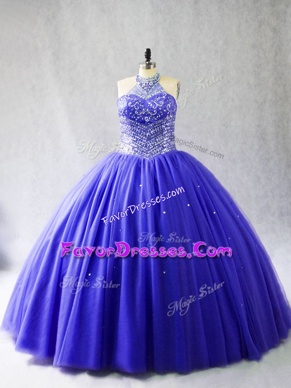 Stunning Lace Up Quinceanera Gowns Blue for Sweet 16 and Quinceanera with Beading Brush Train