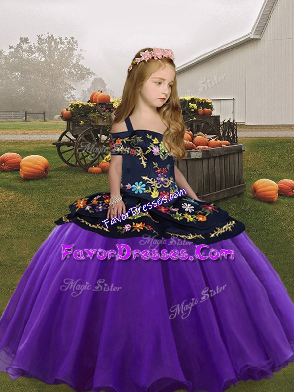  Eggplant Purple Ball Gowns Straps Sleeveless Organza Floor Length Zipper Embroidery Little Girls Pageant Dress Wholesale