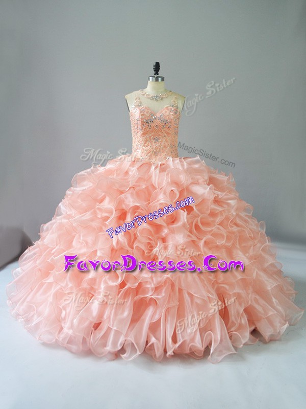  Sleeveless Organza Lace Up Quince Ball Gowns in Peach with Beading and Ruffles