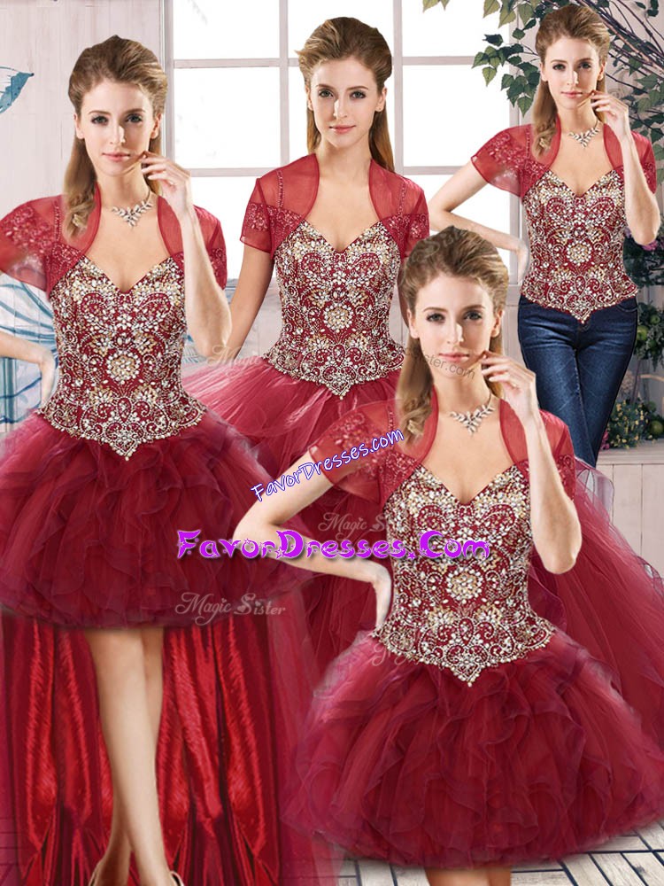 Dazzling Floor Length Lace Up Sweet 16 Quinceanera Dress Burgundy for Military Ball and Sweet 16 and Quinceanera with Beading and Ruffles