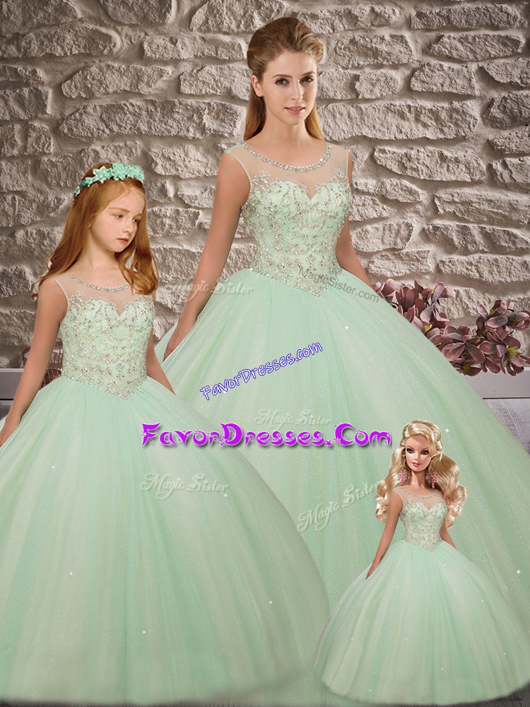 Glamorous Apple Green Sleeveless Tulle Backless Quinceanera Dress for Military Ball and Sweet 16 and Quinceanera