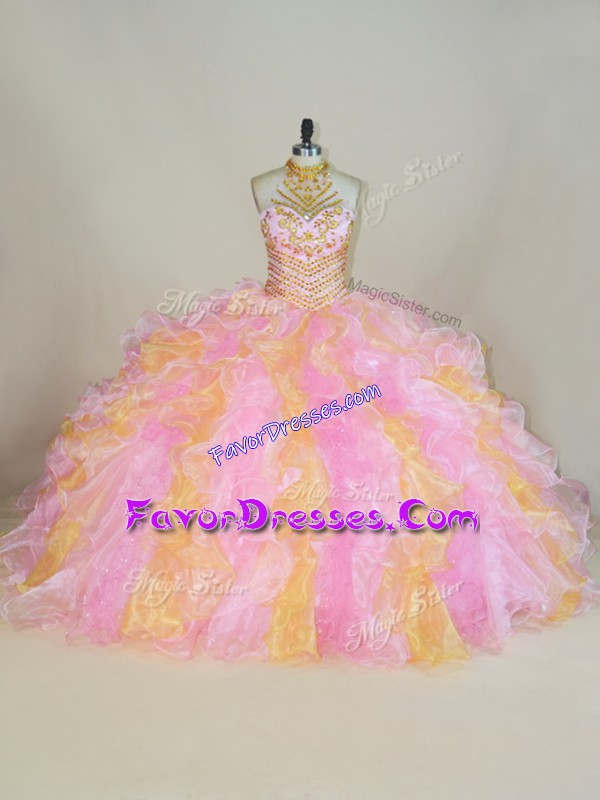 Great Multi-color Ball Gowns Beading and Ruffles Ball Gown Prom Dress Lace Up Organza Sleeveless Floor Length