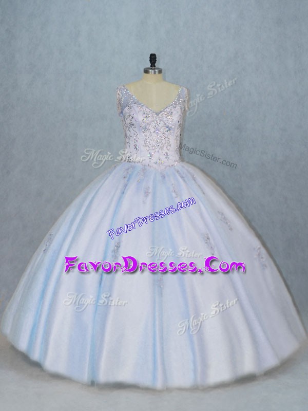 Dramatic Floor Length Side Zipper Quinceanera Gown Blue for Sweet 16 and Quinceanera with Beading