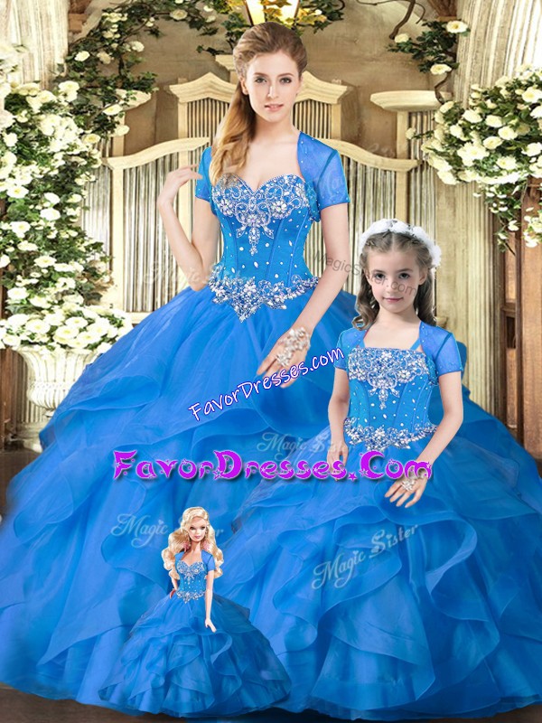  Blue Tulle Lace Up Sweetheart Sleeveless Floor Length Quinceanera Dress Beading and Ruffles