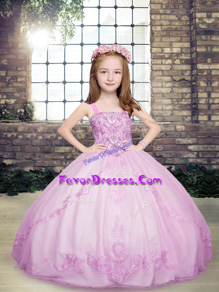  Lilac Ball Gowns Beading Pageant Dress for Girls Lace Up Tulle Sleeveless Floor Length