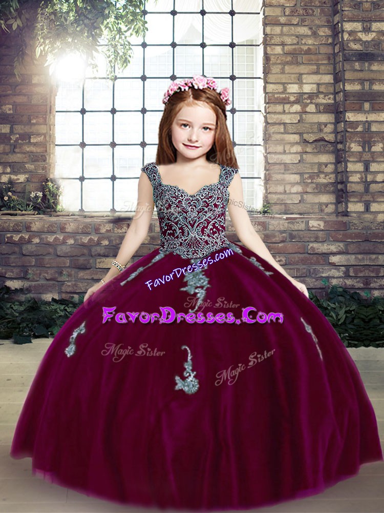  Fuchsia Sleeveless Tulle Lace Up Girls Pageant Dresses for Party and Wedding Party
