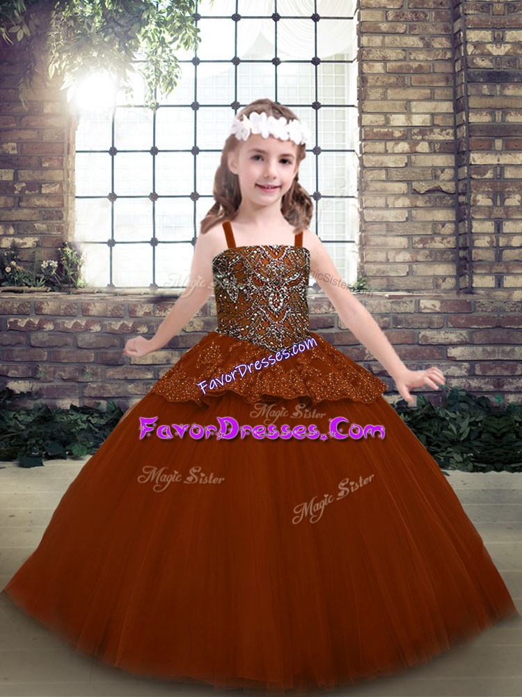 Sweet Ball Gowns Little Girls Pageant Gowns Rust Red Straps Tulle Sleeveless Floor Length Lace Up