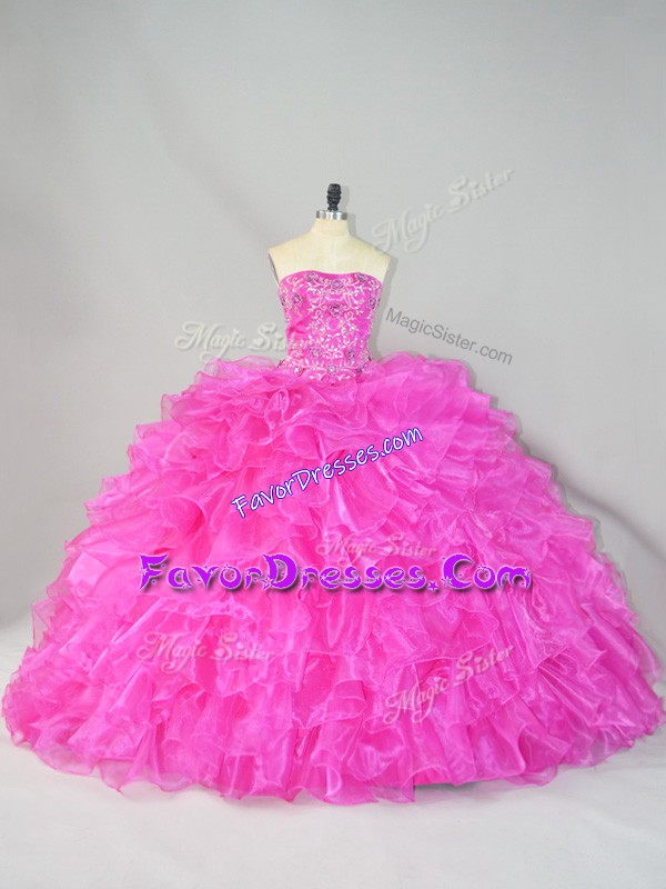 Best Lace Up Quinceanera Dresses Hot Pink for Sweet 16 and Quinceanera with Beading and Ruffles Court Train