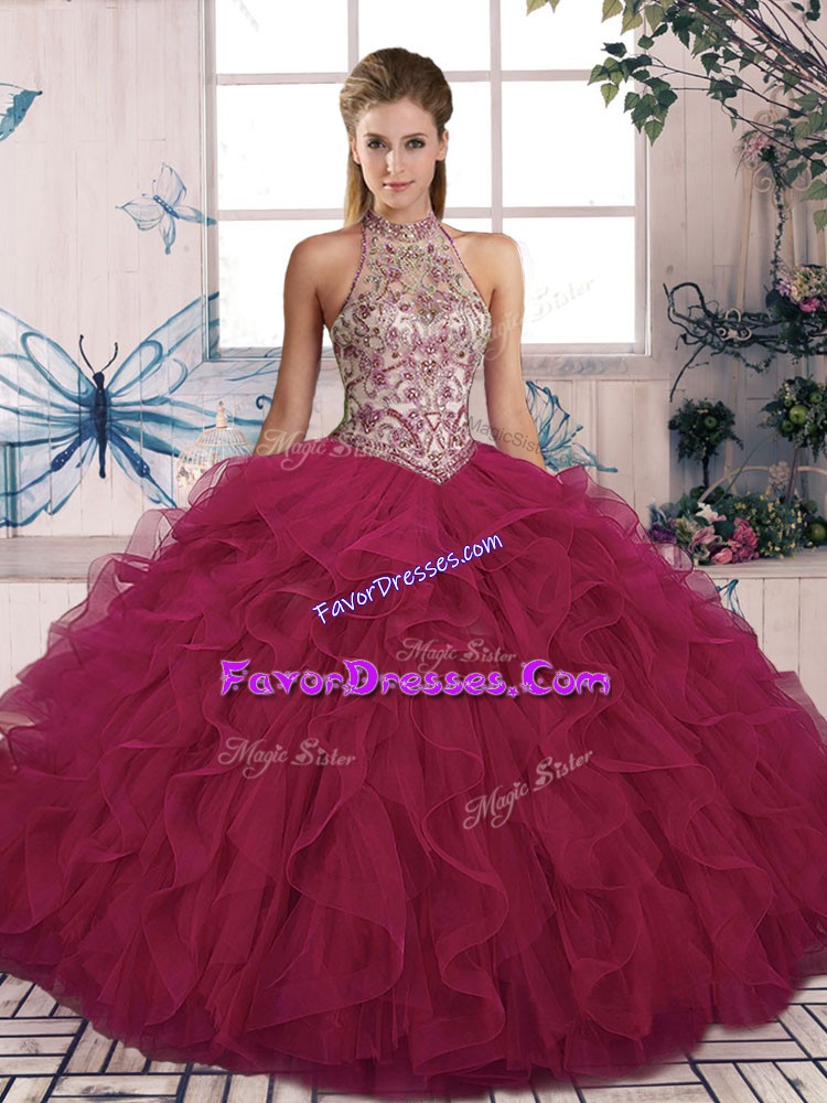 Beauteous Sleeveless Tulle Floor Length Lace Up Quinceanera Dresses in Burgundy with Beading and Ruffles