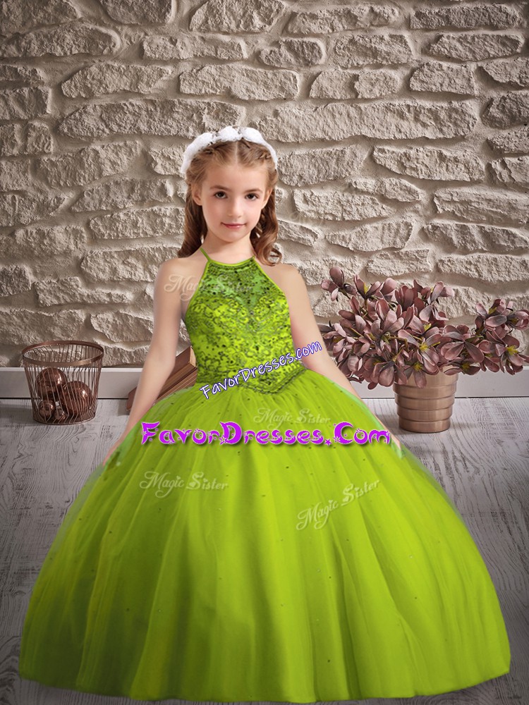 Beauteous Olive Green Little Girls Pageant Gowns Wedding Party with Beading Halter Top Sleeveless Sweep Train Criss Cross