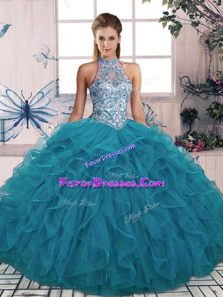  Teal Sleeveless Floor Length Beading and Ruffles Lace Up 15 Quinceanera Dress