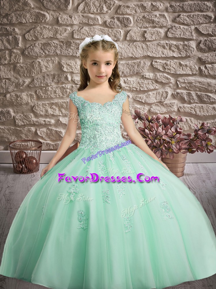 Fancy Apple Green Tulle Lace Up Pageant Dress Sleeveless Floor Length Appliques