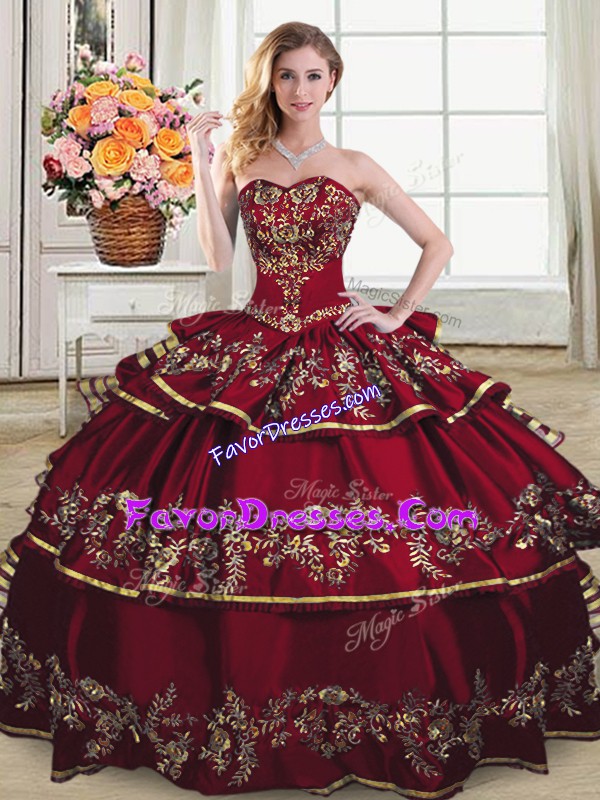 Best Sleeveless Floor Length Embroidery and Ruffled Layers Lace Up Sweet 16 Dress with Wine Red