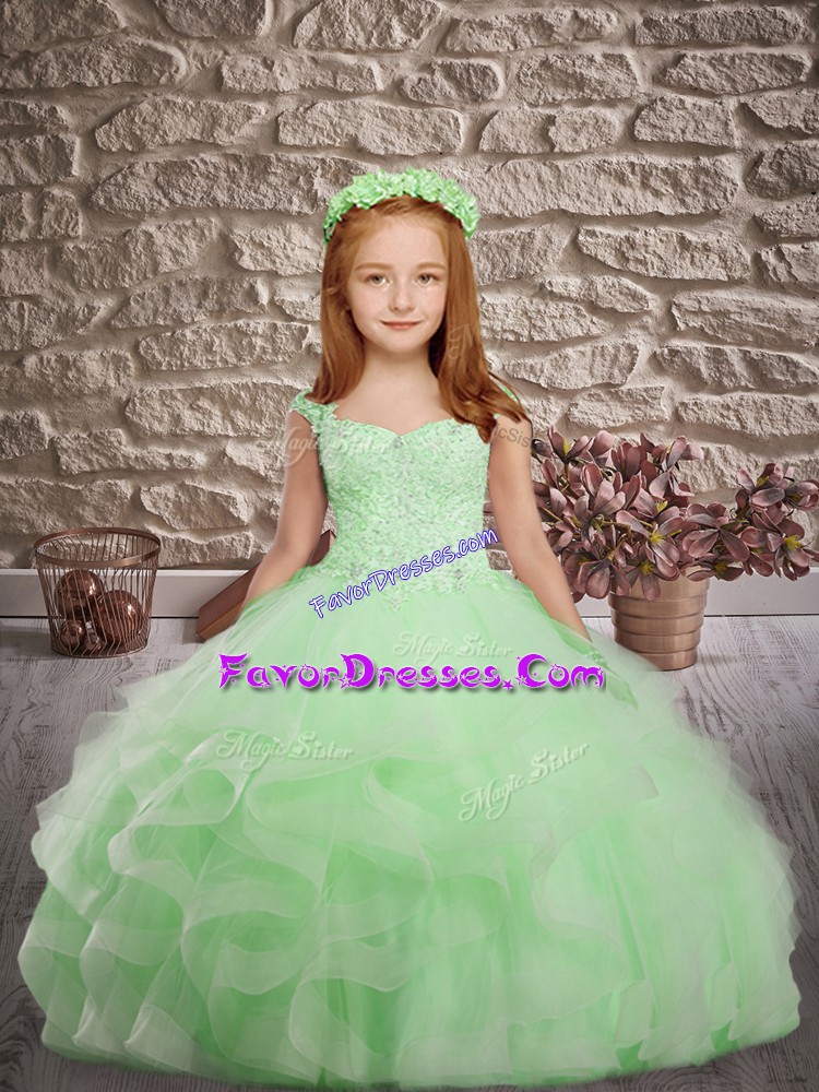  Apple Green Ball Gowns Beading and Appliques and Ruffles Kids Pageant Dress Lace Up Tulle Sleeveless