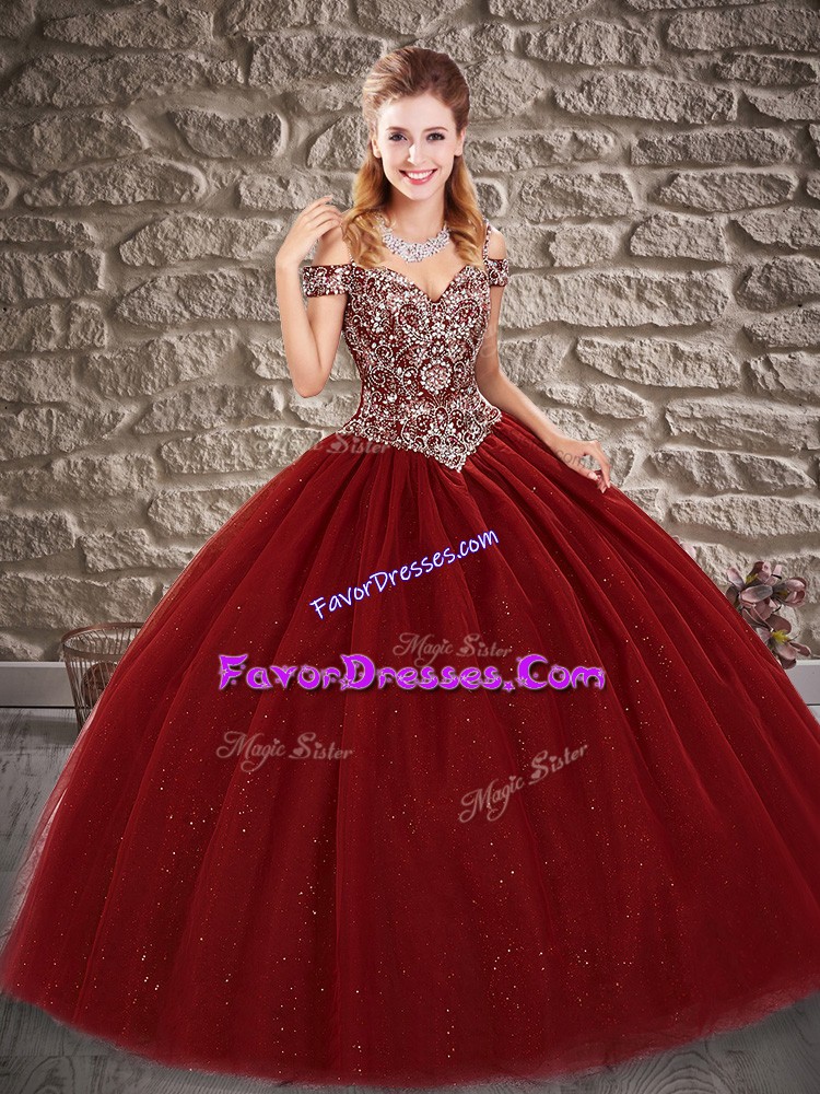 Elegant Sleeveless Tulle Floor Length Lace Up 15th Birthday Dress in Burgundy with Beading