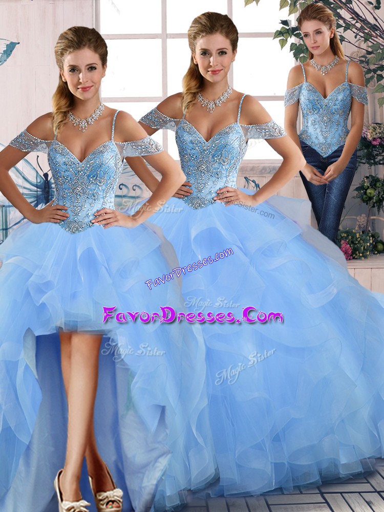 Superior Blue Tulle Lace Up Quinceanera Gowns Sleeveless Floor Length Beading and Ruffles