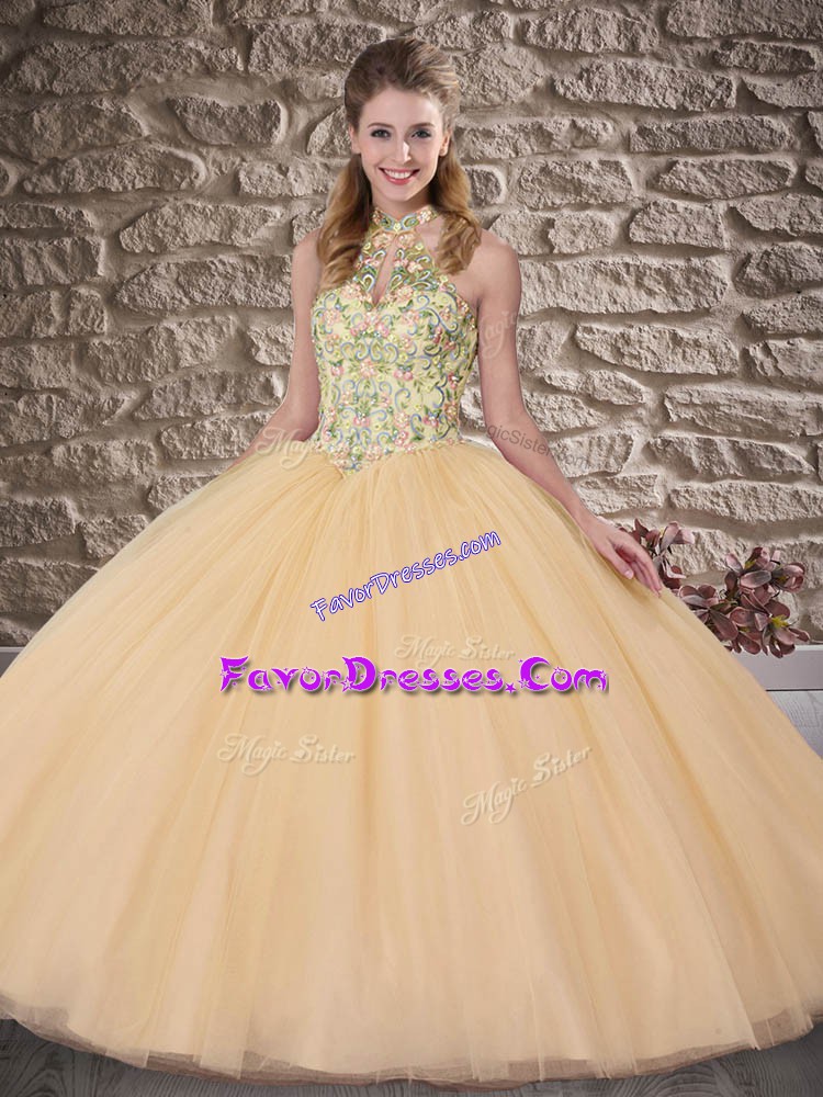 Fantastic Halter Top Sleeveless Brush Train Lace Up Sweet 16 Dresses Peach Tulle
