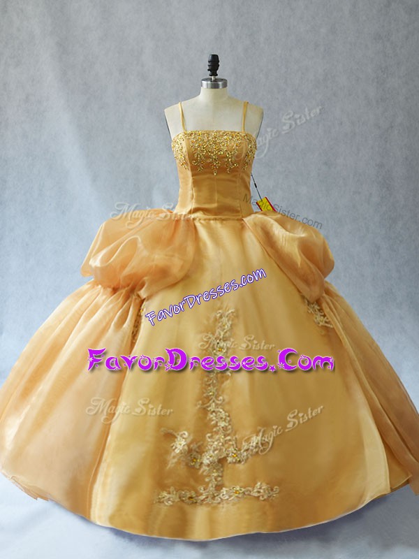 Shining Sleeveless Floor Length Appliques Lace Up Vestidos de Quinceanera with Gold