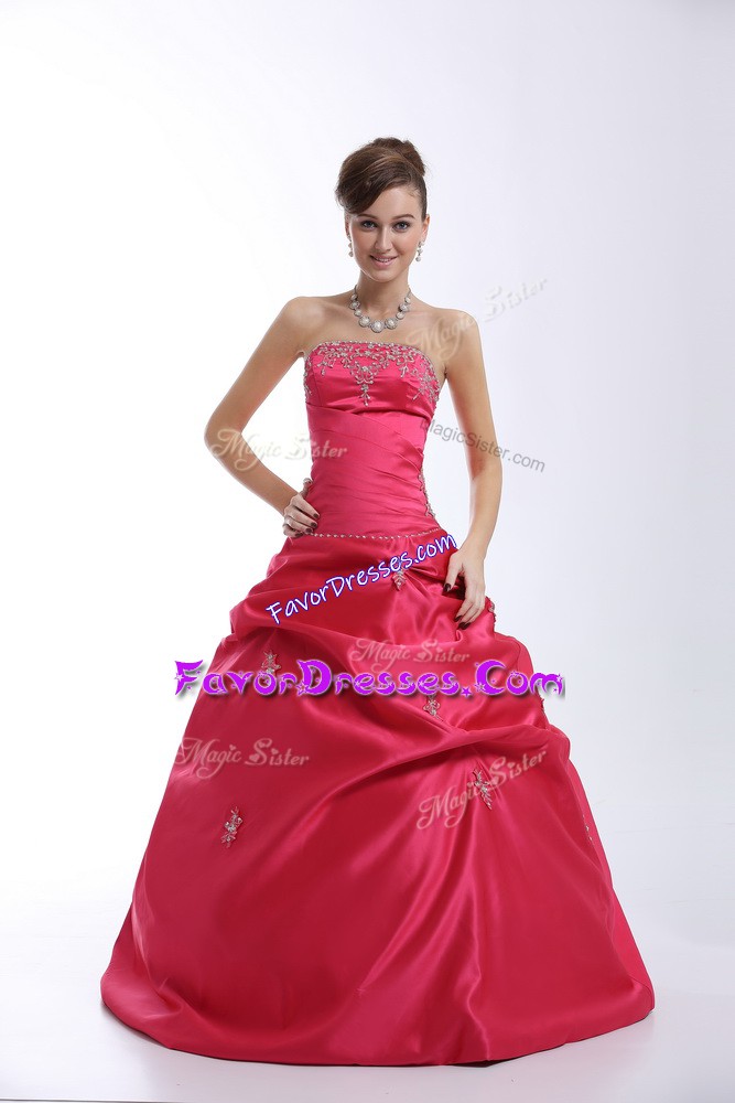 Sweet Floor Length Lace Up Sweet 16 Quinceanera Dress Hot Pink for Sweet 16 and Quinceanera with Appliques