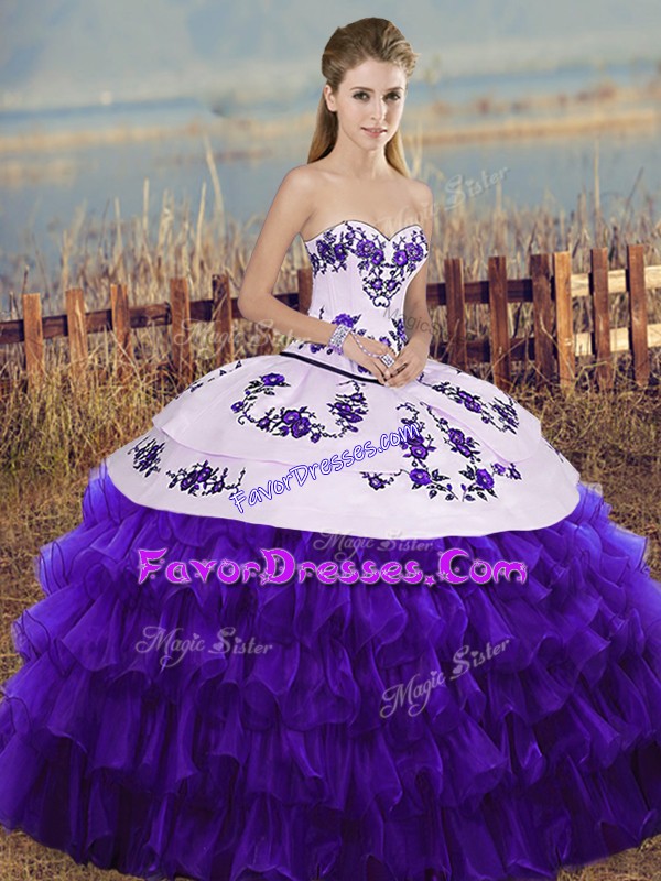 Pretty White And Purple Ball Gowns Organza Sweetheart Sleeveless Embroidery and Ruffled Layers and Bowknot Floor Length Lace Up Sweet 16 Dress