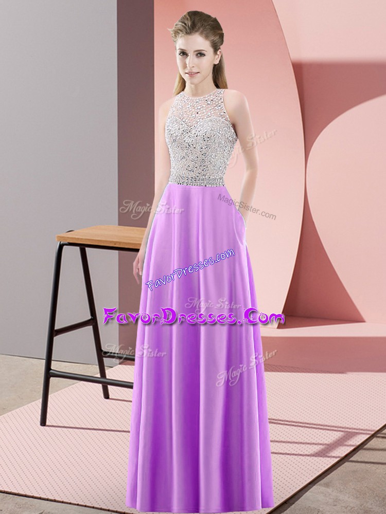  Lavender Satin Backless Dress for Prom Sleeveless Floor Length Beading