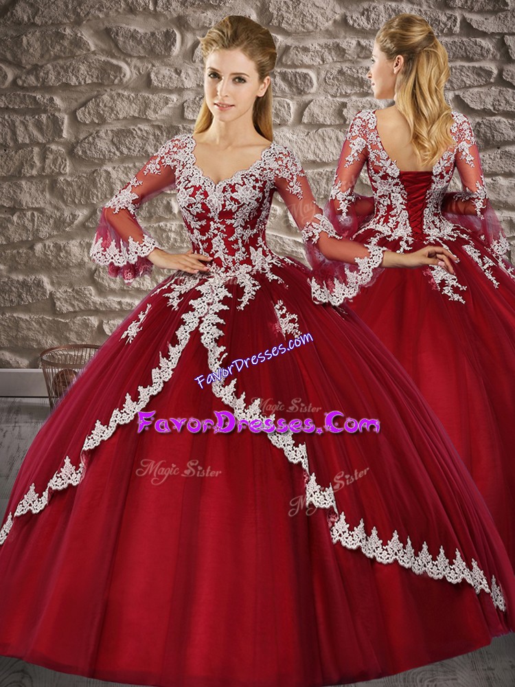 Fashion Wine Red Ball Gowns Tulle V-neck 3 4 Length Sleeve Lace Floor Length Lace Up Vestidos de Quinceanera