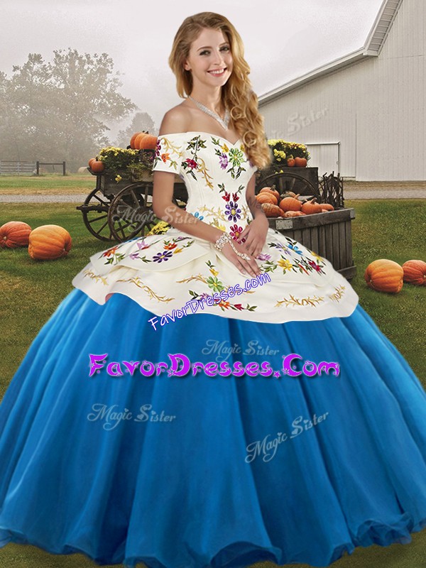 Fantastic Floor Length Blue And White Vestidos de Quinceanera Tulle Sleeveless Embroidery