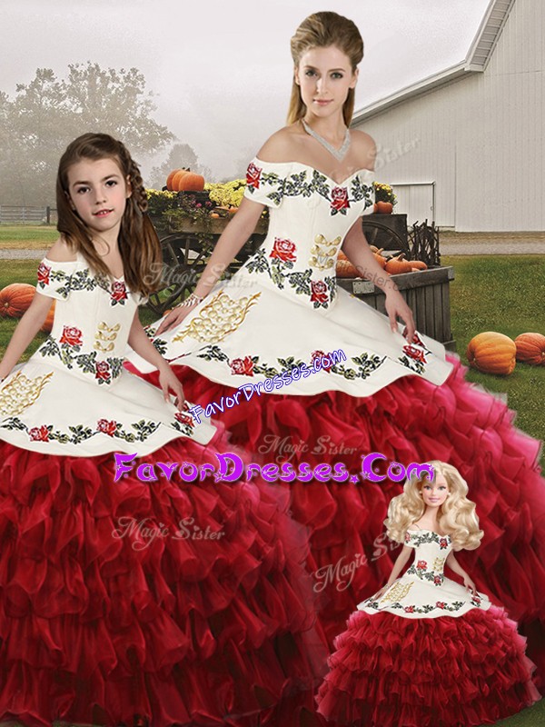  Off The Shoulder Sleeveless Quinceanera Gowns Floor Length Embroidery and Ruffled Layers Wine Red Organza