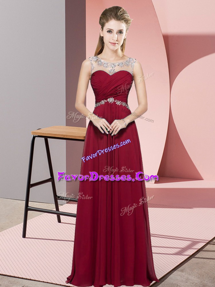  Sleeveless Floor Length Beading Backless Prom Evening Gown with Red