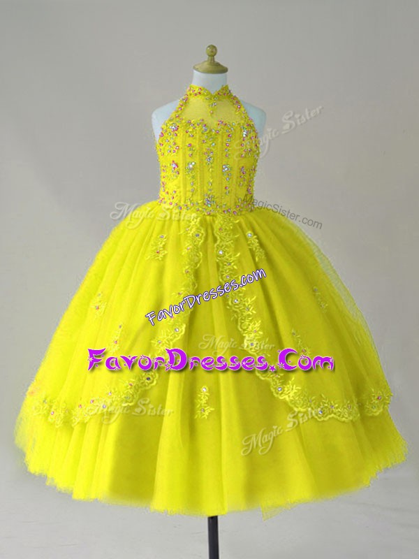Fashionable Yellow Tulle Lace Up Child Pageant Dress Sleeveless Floor Length Beading and Appliques