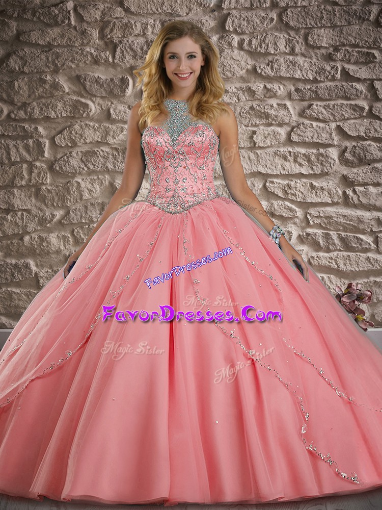  Watermelon Red Sleeveless Beading Lace Up 15 Quinceanera Dress