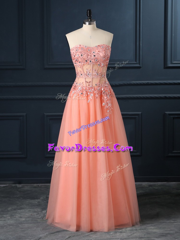 Attractive Orange Evening Dress Prom and Party and Military Ball with Lace and Appliques Sweetheart Sleeveless Zipper