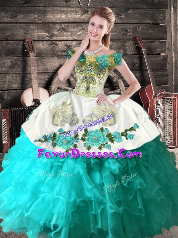  Aqua Blue Sleeveless Organza Lace Up Quince Ball Gowns for Sweet 16 and Quinceanera