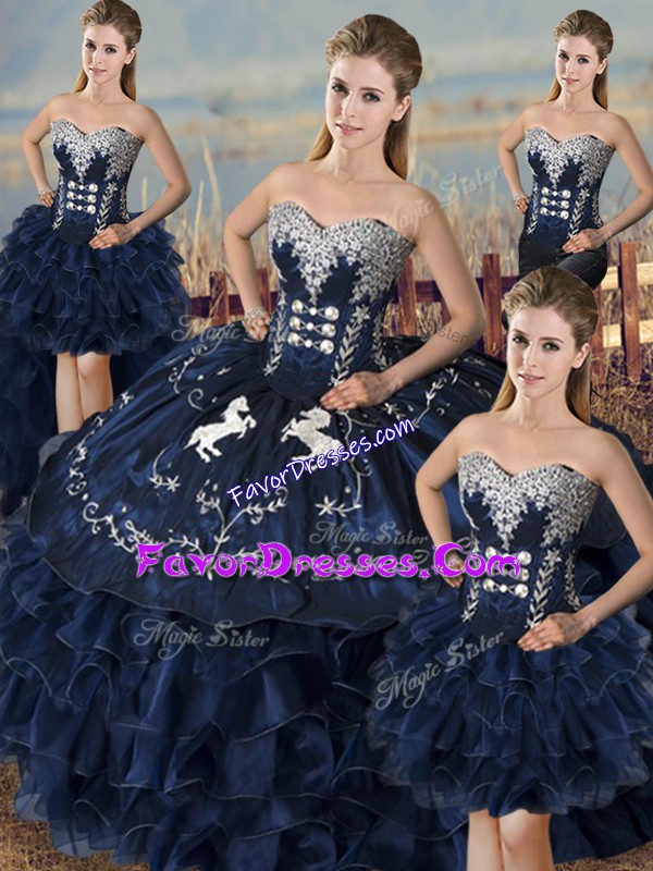Fancy Navy Blue Sleeveless Floor Length Embroidery and Ruffles Lace Up Quince Ball Gowns