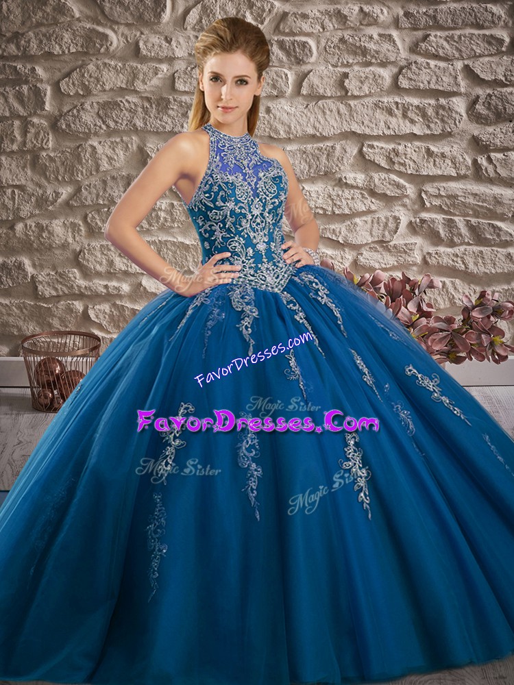  Tulle Halter Top Sleeveless Brush Train Lace Up Beading and Appliques Sweet 16 Quinceanera Dress in Blue