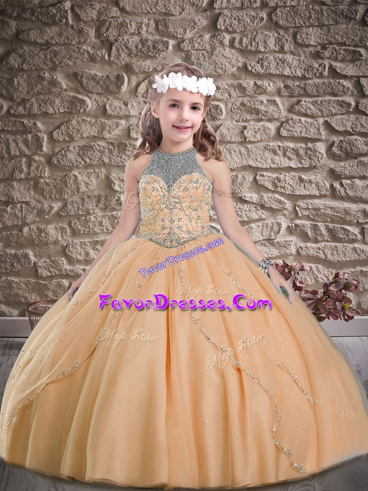  Orange Lace Up Halter Top Beading Girls Pageant Dresses Tulle Sleeveless Sweep Train