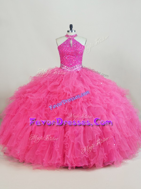 Stunning Beading and Ruffles Quinceanera Gown Hot Pink Lace Up Sleeveless Floor Length