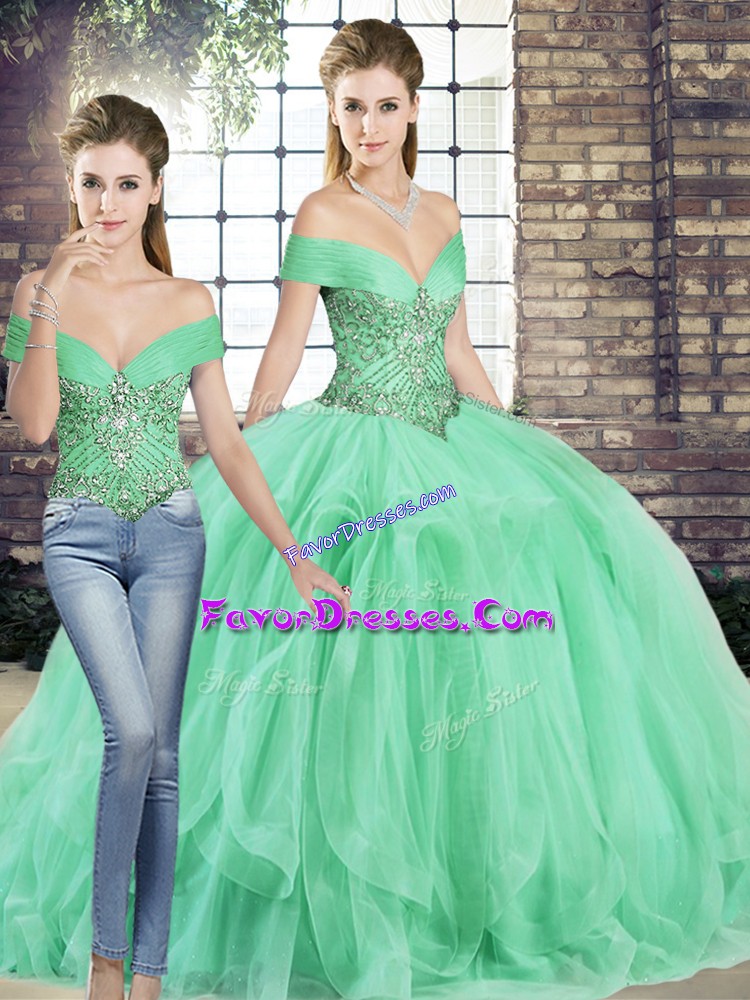Glorious Floor Length Lace Up Sweet 16 Quinceanera Dress Apple Green for Military Ball and Sweet 16 and Quinceanera with Beading and Ruffles