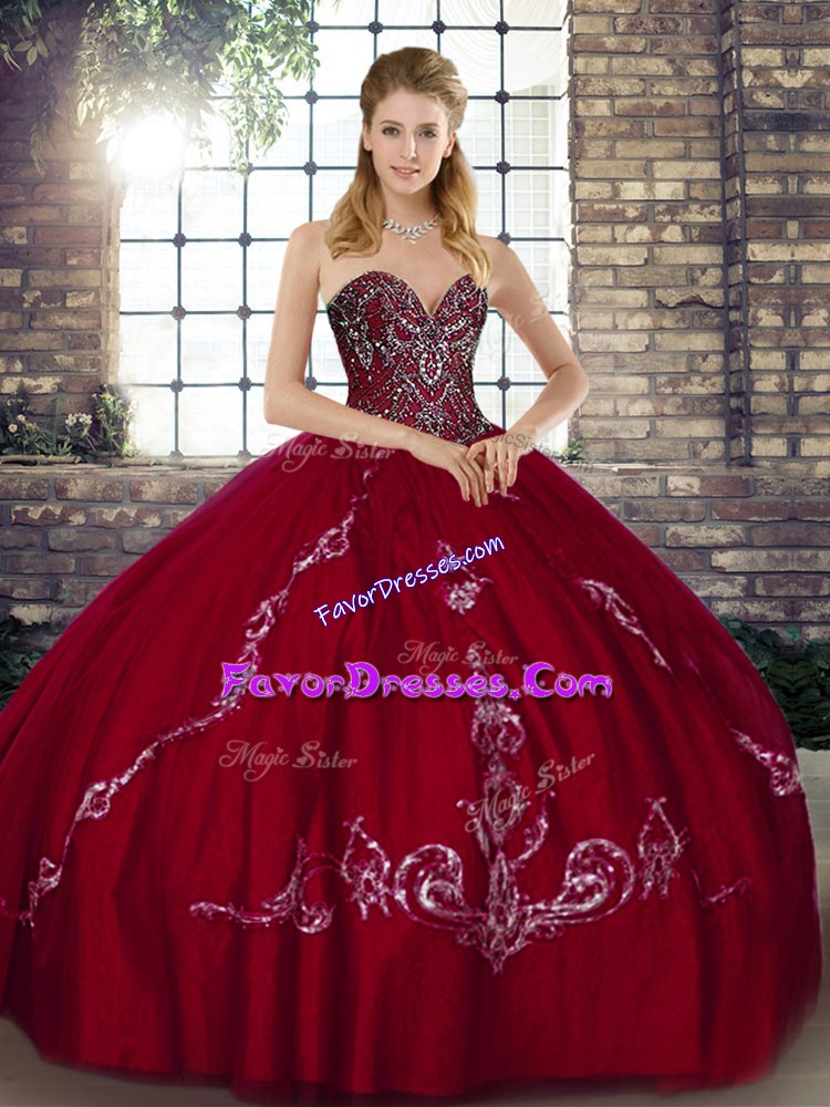  Floor Length Lace Up 15th Birthday Dress Wine Red for Military Ball and Sweet 16 and Quinceanera with Beading and Embroidery