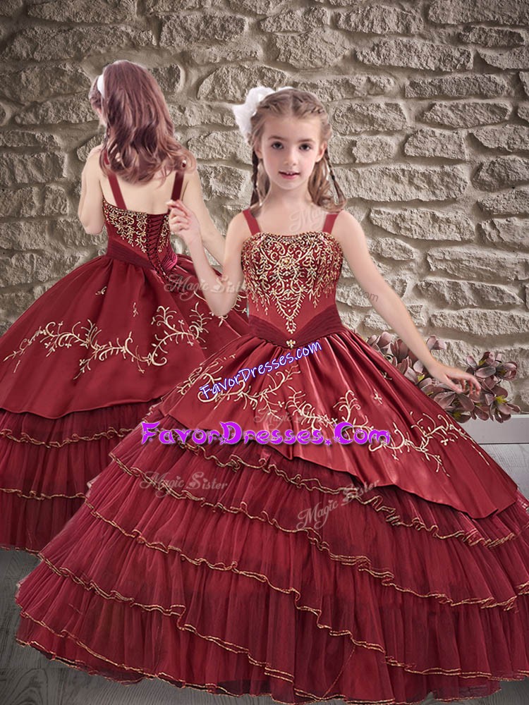  Ball Gowns Pageant Gowns For Girls Burgundy Straps Organza Sleeveless Floor Length Lace Up