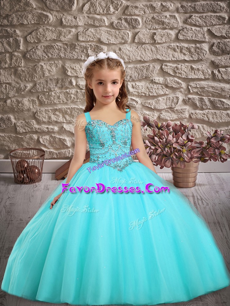 Nice Sleeveless Floor Length Beading Lace Up Child Pageant Dress with Aqua Blue