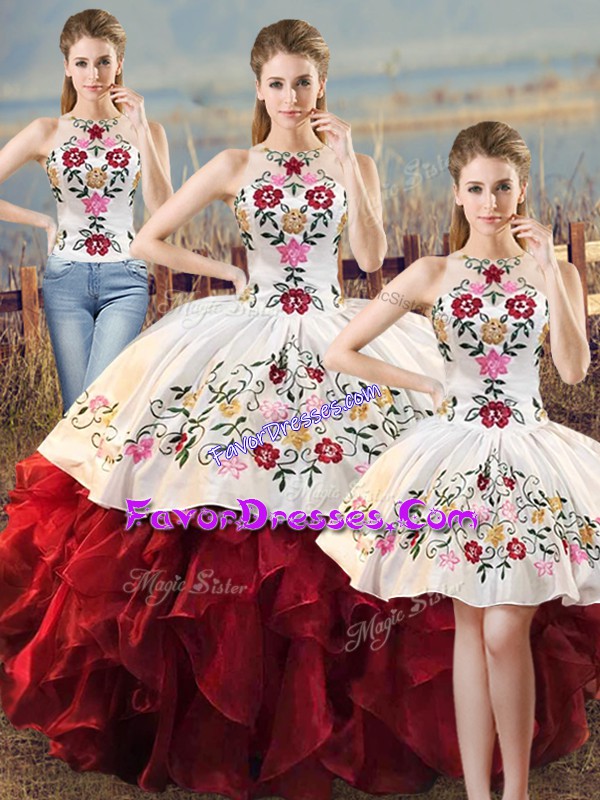 Ideal Halter Top Sleeveless Lace Up Quinceanera Gown White And Red Organza