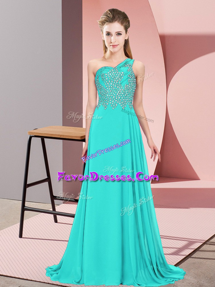  Floor Length Turquoise Evening Dress One Shoulder Sleeveless Side Zipper