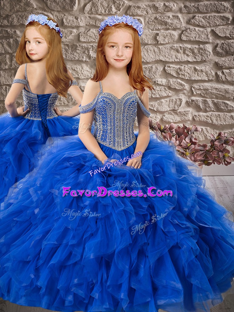  Royal Blue Lace Up Off The Shoulder Beading and Ruffles Pageant Dress for Womens Tulle Sleeveless