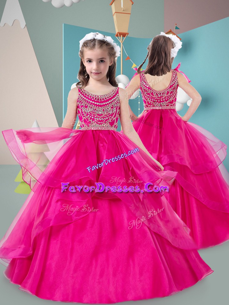 Fuchsia Sleeveless Beading and Ruffles Floor Length Little Girls Pageant Dress Wholesale