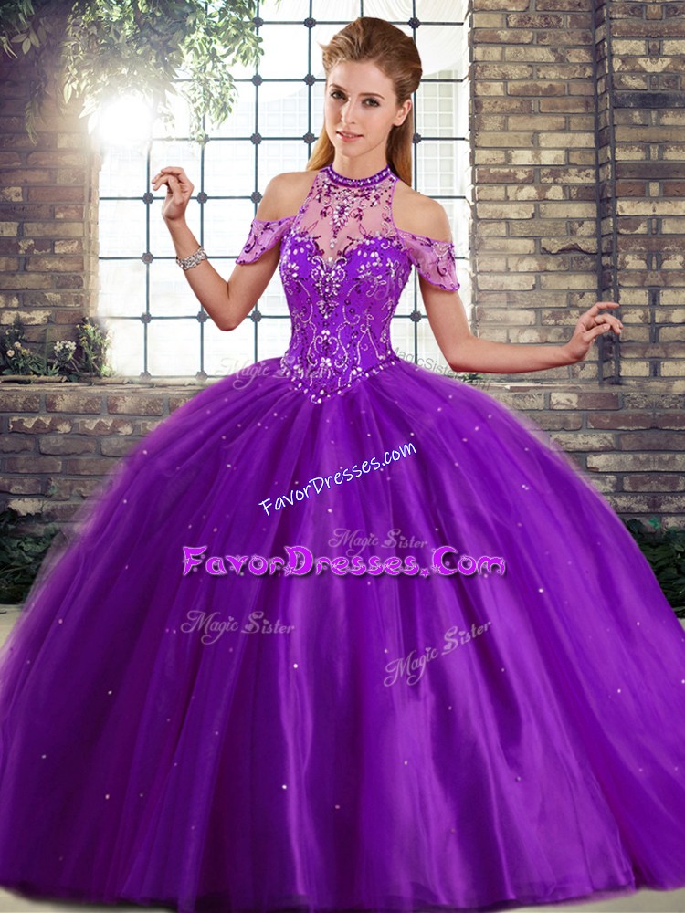  Halter Top Sleeveless Quince Ball Gowns Brush Train Beading Purple Tulle